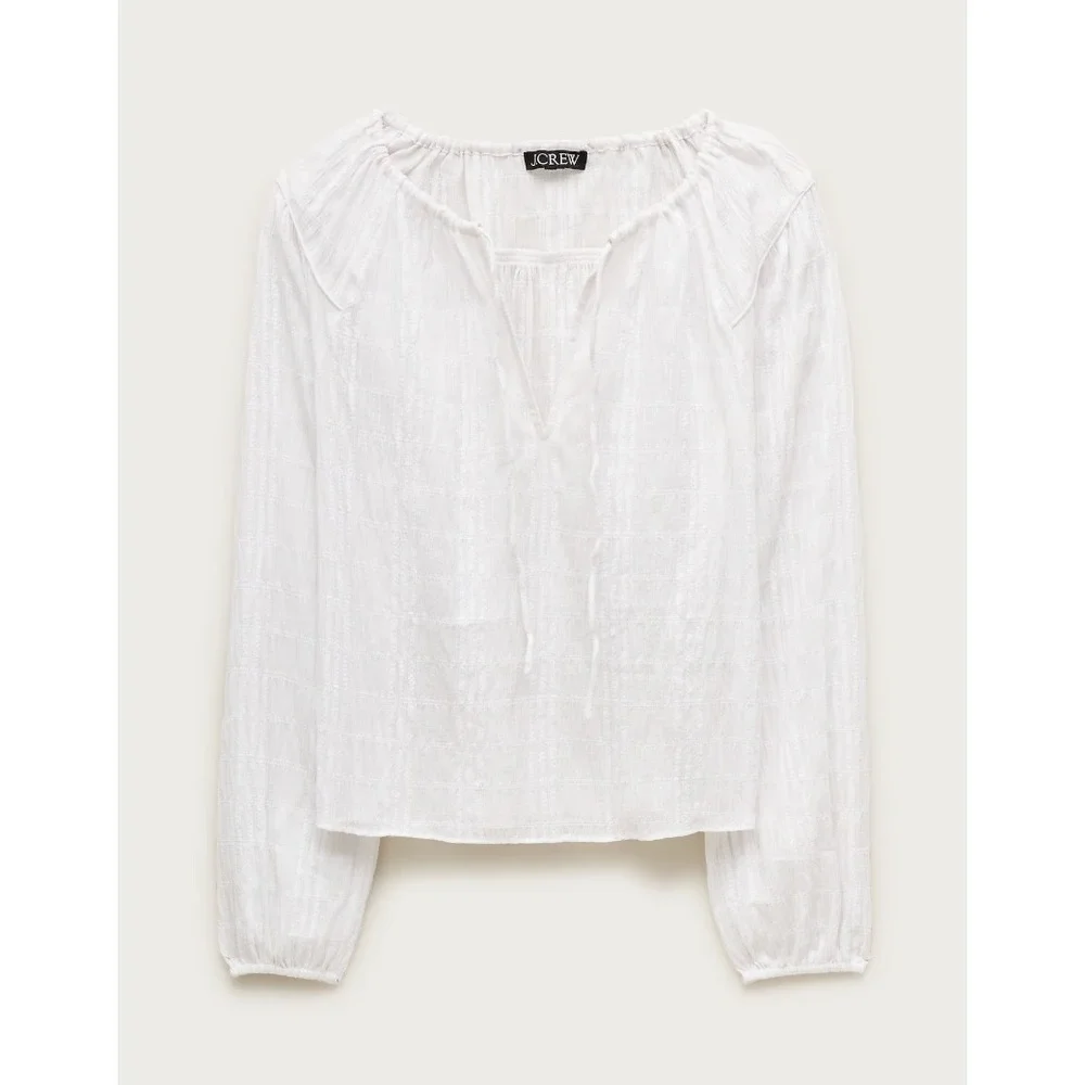 J. Crew Tie Front Popover Top White Seersucker Long Sleeve S